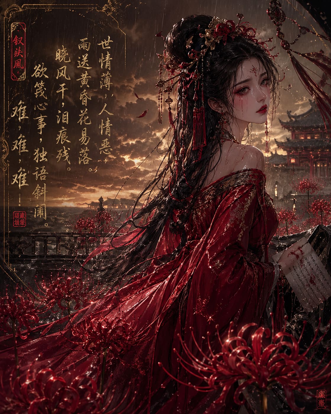 彼岸花丛中的红妆女子
